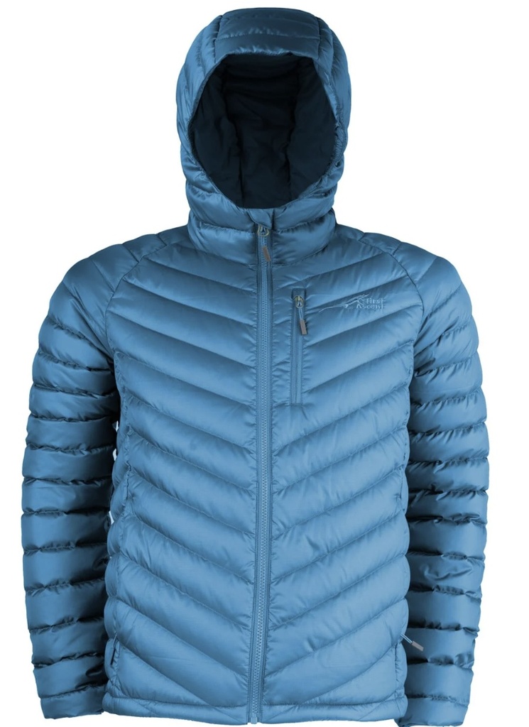 First Ascent Transit Down Hooded Jacket – Men's (Medium, Blue Berry Crush)